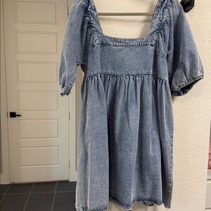 Rylee + Cru Medium Wash Denim Puff Sleeve Mini Dress